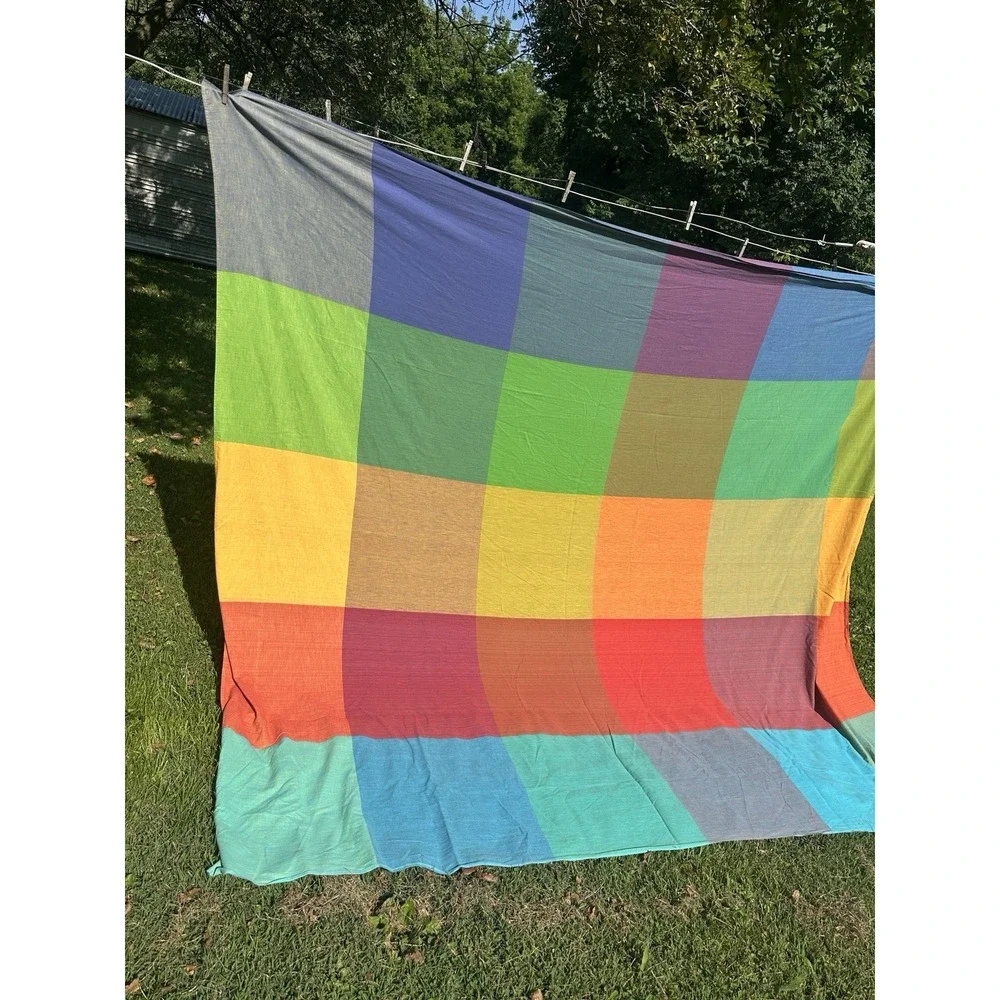 Vtg Bates Bedspread DoubleSize Rainbow Patchwork Plaid Cotton Woven Boho 60s uSA